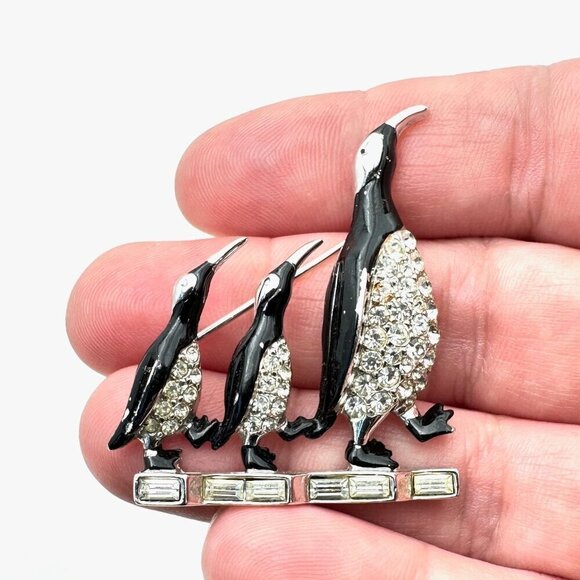 Vintage Marcel Boucher Penguin Brooch Silver Tone Enamel Rhinestone Numbered Pin